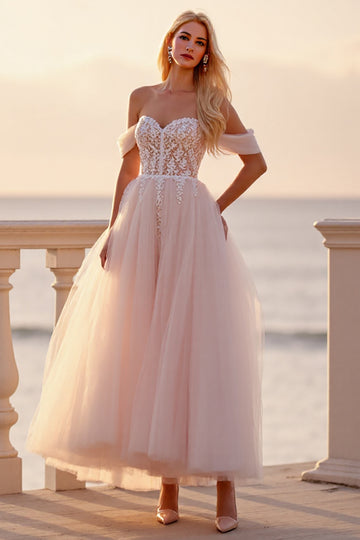 Blush Off the Shoulder Tulle Ankle Length Wedding Dress with Appliques